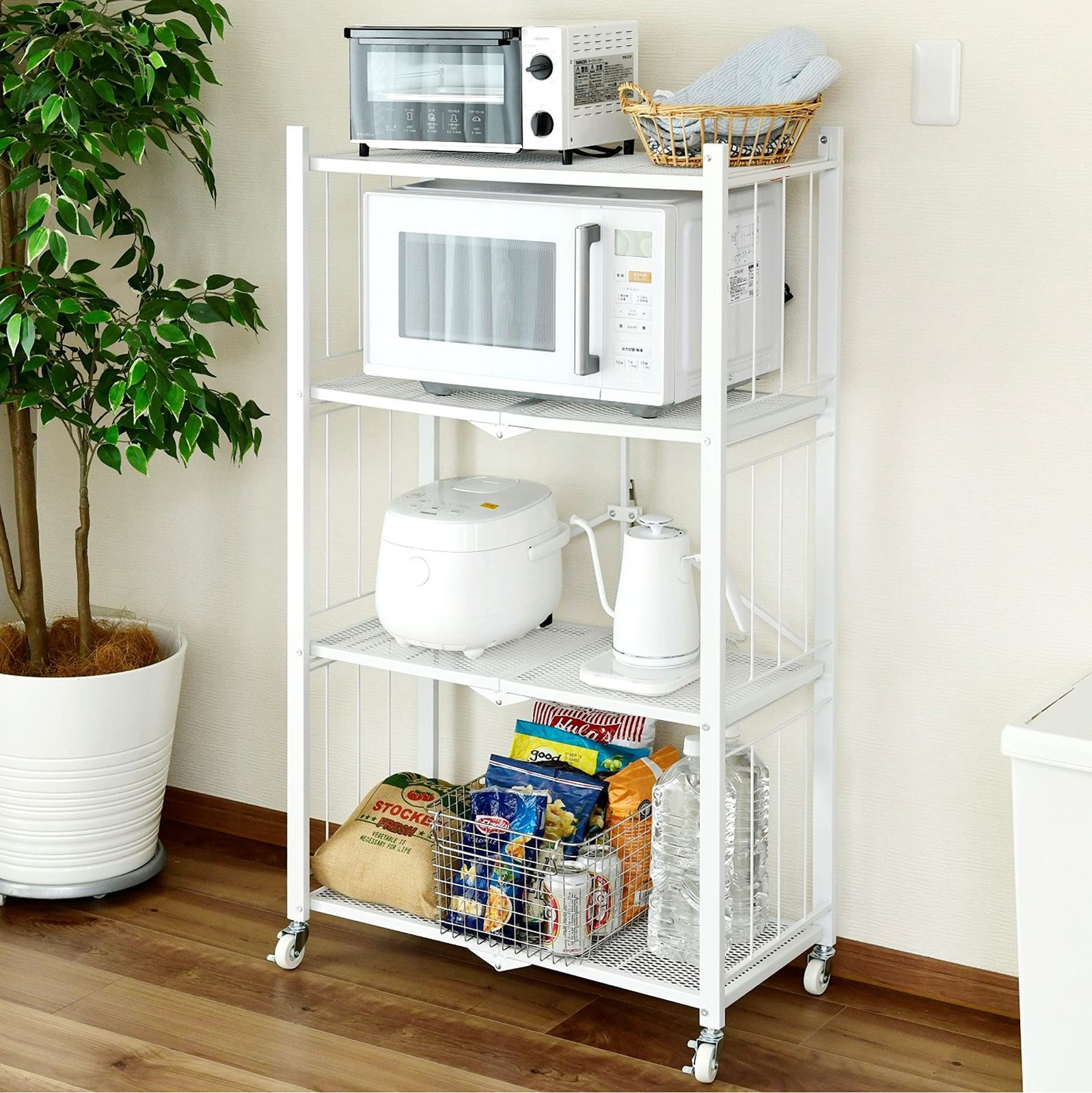 在庫 折りたたみ 4段 全体耐荷重60㎏ 幅71.5×奥行37×高さ124㎝ 本体完成品 キャスターを付けるだけ ホワイト すぐに使える ラック LIS-4 WH 山善