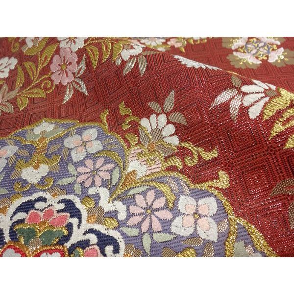 袋帯 振袖用 USED 正絹 仕立て上がり 赤茶 菱 宝相華 No01 六通柄 振袖  