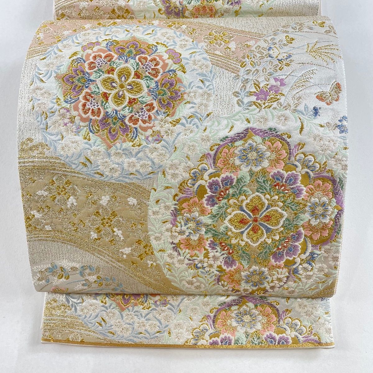 袋帯 美品 逸品 金糸 汕頭刺繍 灰緑 全通 正絹 華文様 袋帯 美品 逸品 金糸 汕頭刺繍 灰緑 全通 正絹 華文様