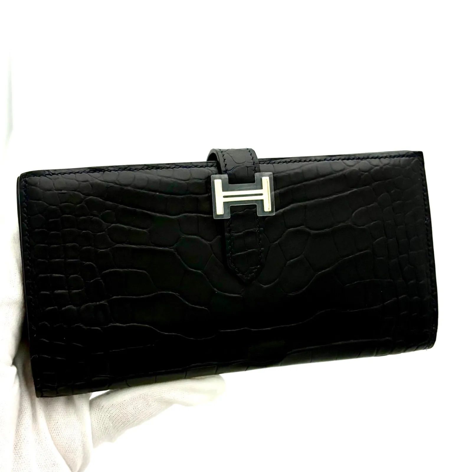 HERMES エルメス アリゲーター ブラック ブルー 二つ折り長財布 青 黒 HERMES エルメス アリゲーター ブラック ブルー 二つ折り長財布 青 黒