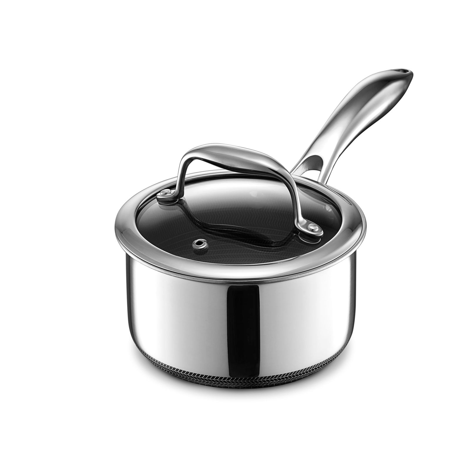 HexClad ハイブリッド ノンスティック 片手鍋 14cm | 0.95L 焦げ付き防止加工 IH|オーブン|食洗器 対応 メーカー直販 付き ヘックスクラッド 強化ガラス 蓋付き