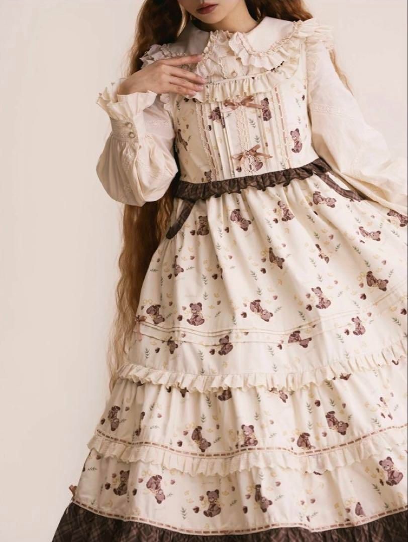 ロリータ風クマちゃん柄フリルワンピース✿普段使いに最適 ロリータ風クマちゃん柄フリルワンピース?普段使いに最適 - メルカリ