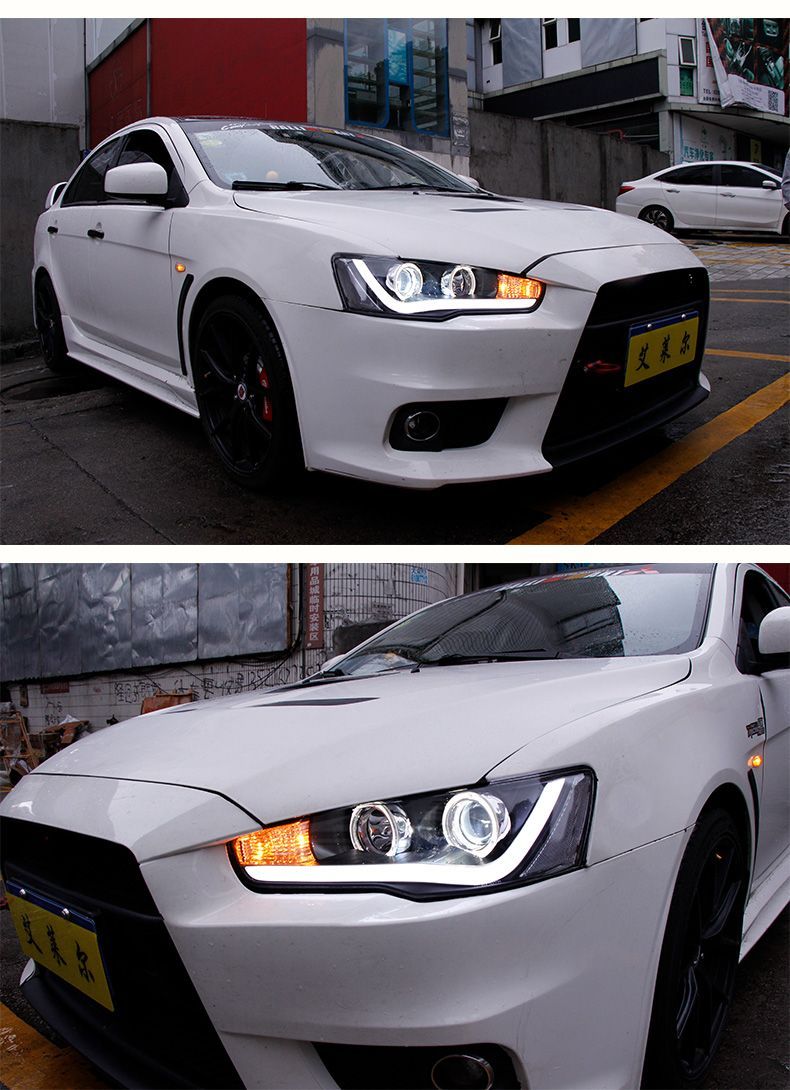 三菱 ランサー 09-16年式用 ヘッドライトアッセンブリー EVO風 LEDエンジェルアイ デイライト プロジェクターレンズ HID FFCRYSTALESIA_COM