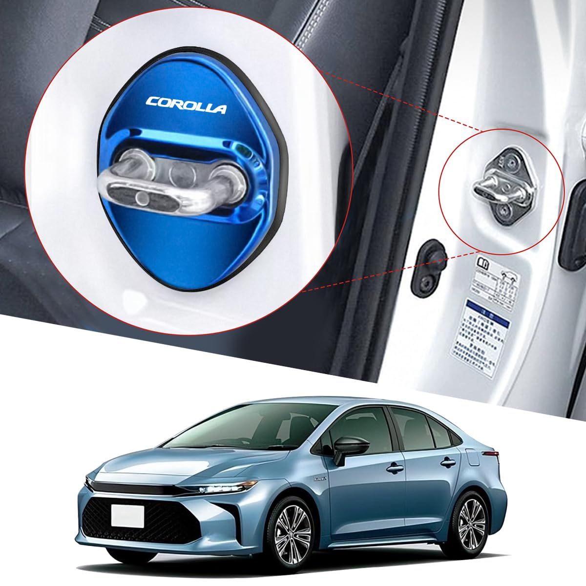 新品 For カローラ アクセサリー ドアストライカーカバー COROLLA 車 専用設計 カローラツーリング カローラスポーツ カスタム 外装 パーツ ドアロックカバー 高級鏡面ステンレス製 改良式 4個セット（贈り物: カローラ タイヤ バルブキャップ