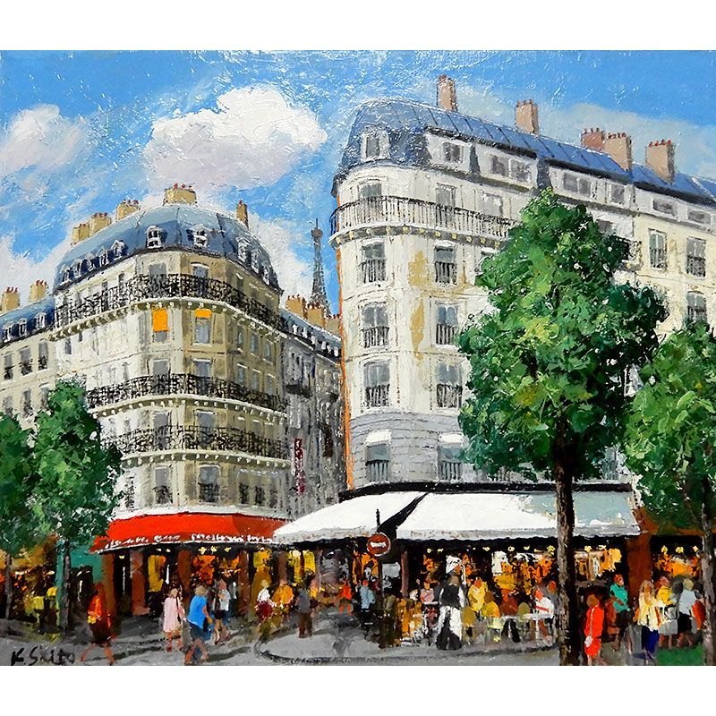 年代物 フランス画家 パリの街 風景画 0号 油彩 油絵 絵画 豪華額縁 ...