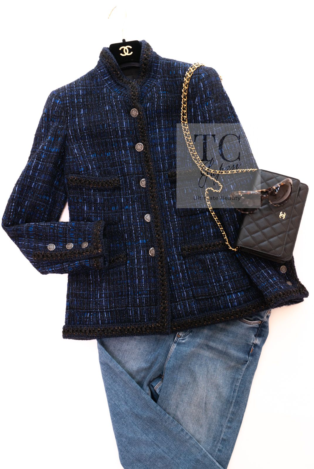 シャネル ジャケット CHANEL ネイビー ブラック 黒 紺 コットン
