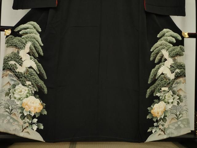 大正ロマン　縮緬　友禅 平和屋着物○アンティーク 大正ロマン 黒留袖 型友禅 両妻 飛鶴