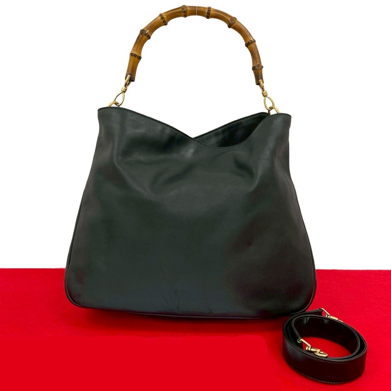 極美品　GUCCI ブラック レザーバッグ バンブー　2way GUCCI - 極 美品 希少品 GUCCI グッチ バンブー レザー 本革