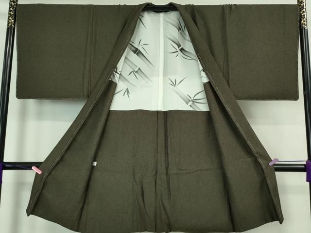 平和屋本店□極上 男性 長羽織 お召地 鮫小紋柄 黒×榛色 羽裏・笹竹