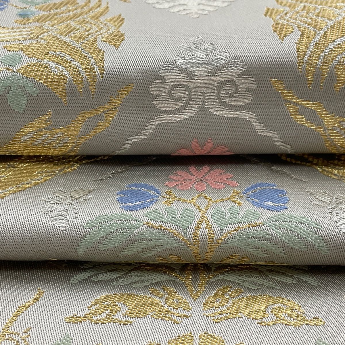 袋帯 逸品 龍村晋 落款 ヤギ 草花 金糸 箔 灰色 全通 正絹 【中古  