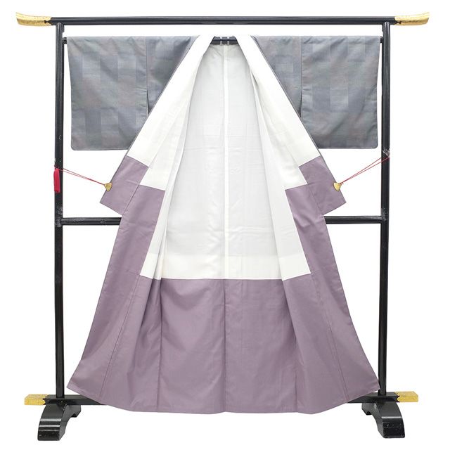 新古品】 紬 着物 未使用 正絹 袷 グレー 薄緑 淡赤茶 変わり