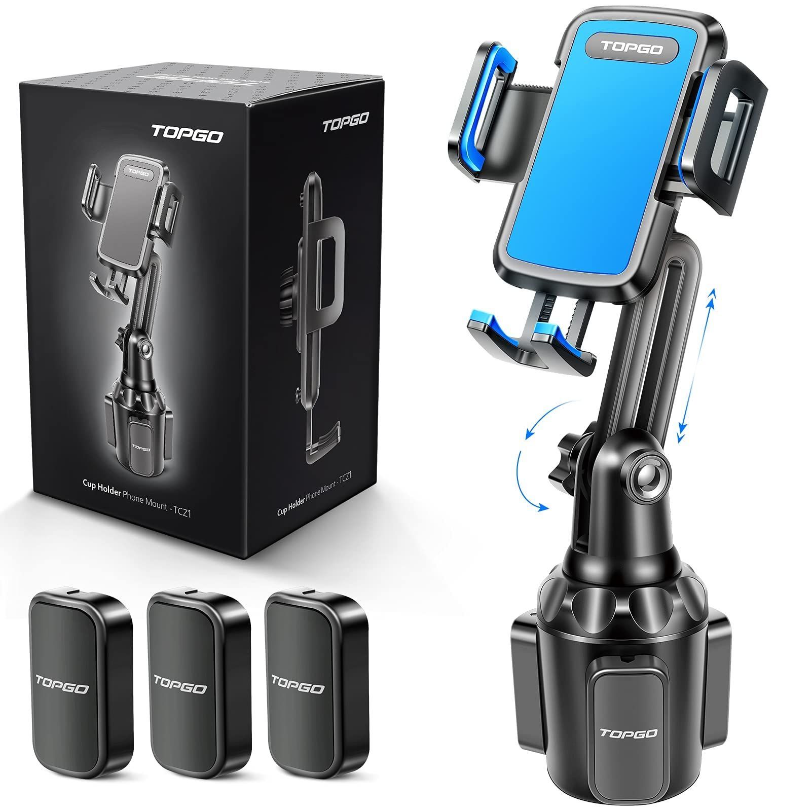 【人気商品】スマホスタンド 車 TOPGO 【 車 機械式伸縮アーム・安定性 車載 携帯ホルダー カップホルダー 縦・横・上下・左右自在調節 360度回転 片手操作 車載ホルダー ワンタッチ iPhone 14 