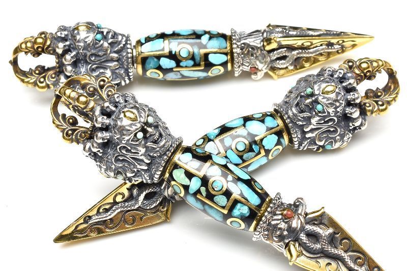 確認用天珠いろいろ〜 シルバー925 ターコイズ＆赤瑪瑙 74x15.5mm 九眼天珠 金剛杭 チベット