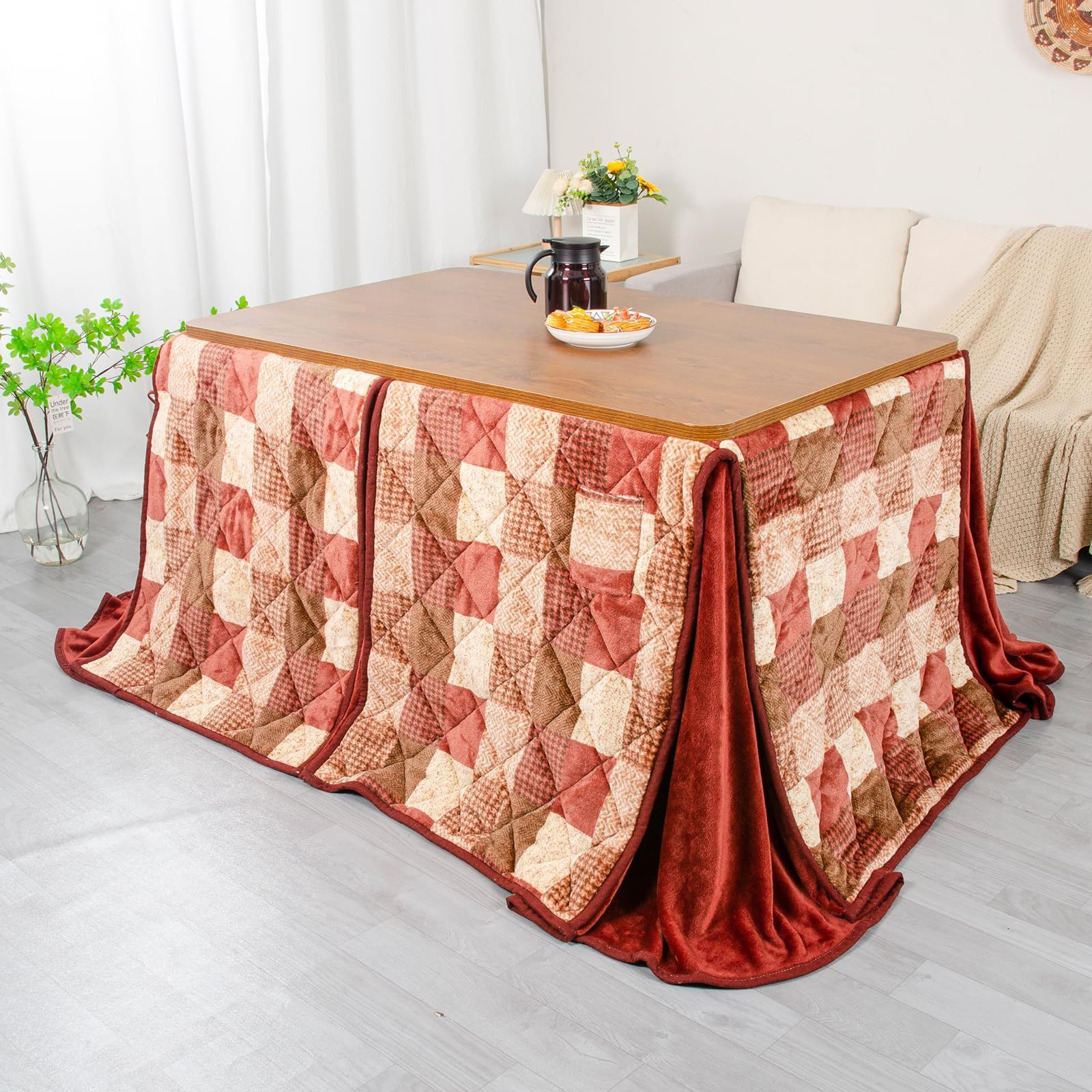 吸湿発熱 洗える こたつ掛け布団 掛け布団 ふわふわ感触 長方形 省スペース フランネル素材 ダイニングコタツ布団 テーブル用こたつ布団 約240x295cm ダイニングこたつ布団 単品 チエック こたつ布団 ハイタイプ レッド JEMA