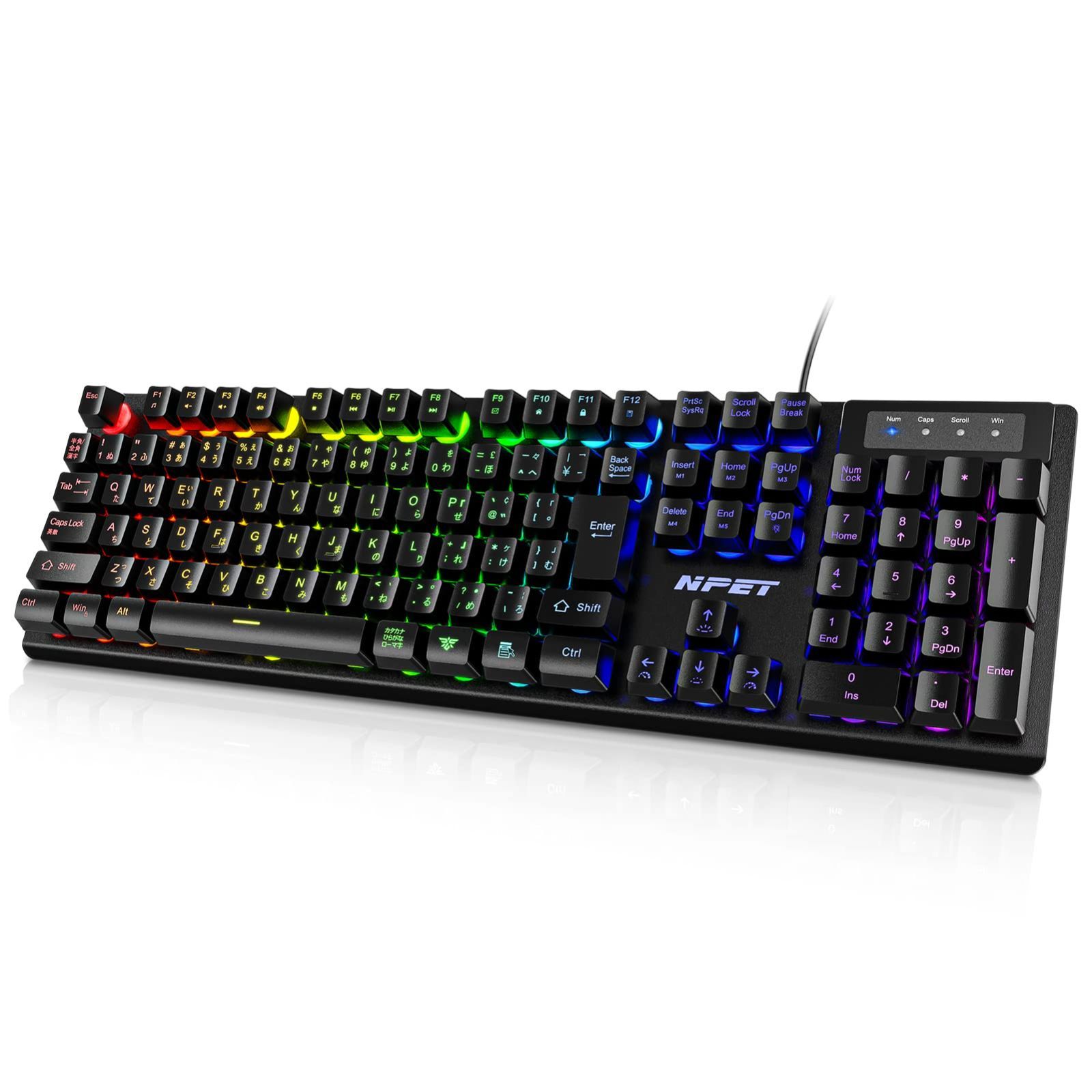日本語配列(106キー) K10 日本正品 LED 角度調節可能 静音 キーボード 26キー防衝突 usb 防水 バックライト 有線 RGB ゲーミングキーボード NPET