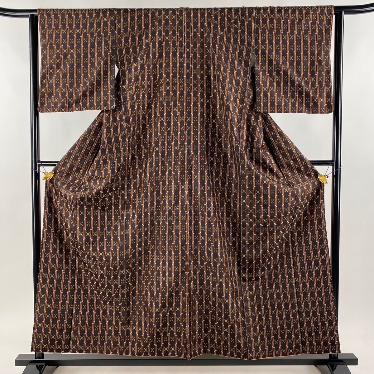紬 身丈157.5cm 裄丈62cm S 袷 縦縞 花 焦茶色 正絹