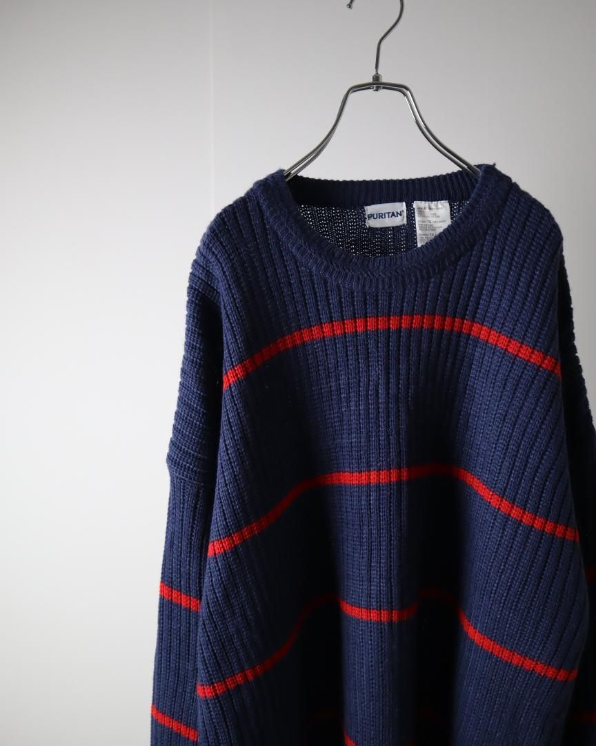 vintage】リブ編み ボーダー ルーズ ニット セーター 濃紺 赤 XL