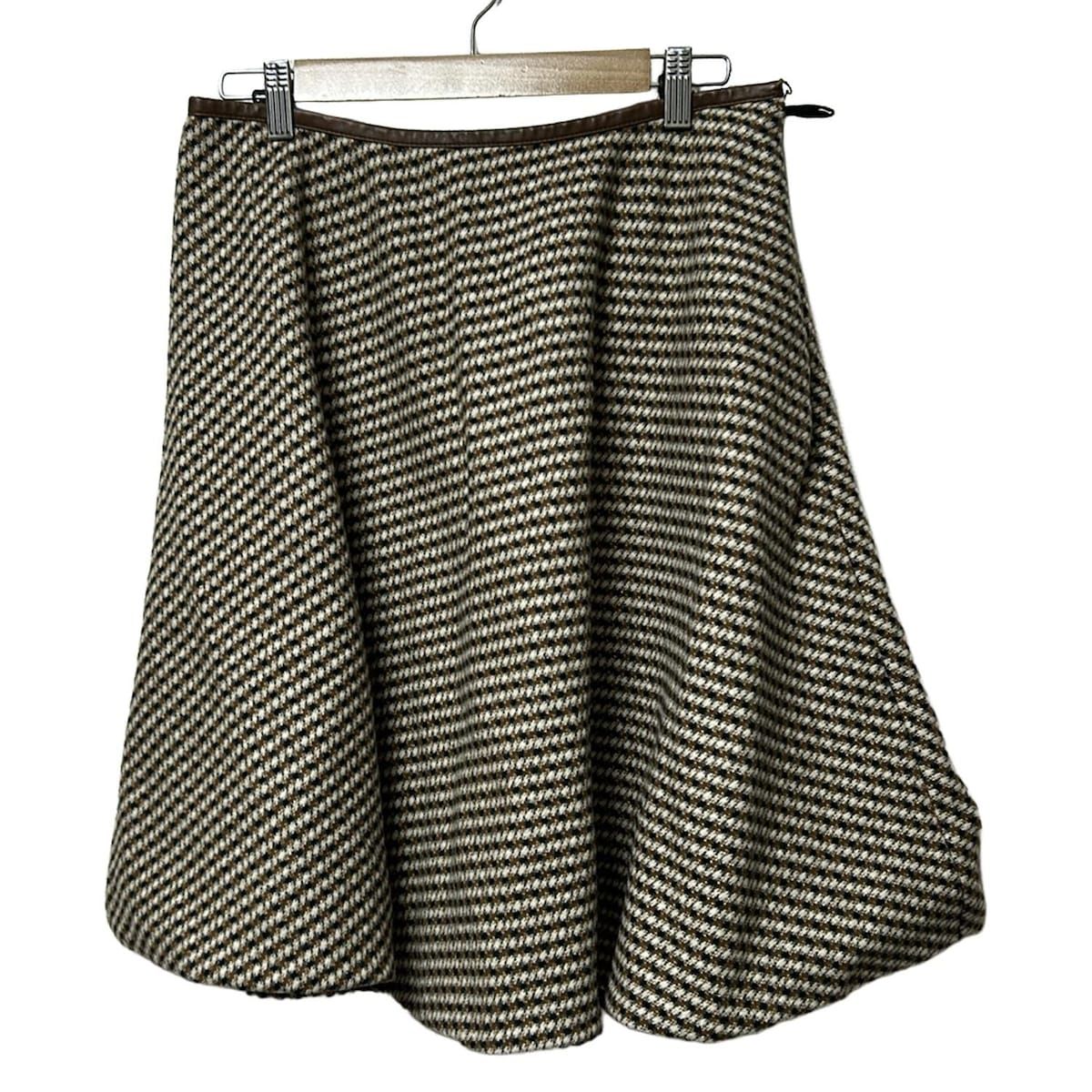 PRADA プラダ スカート サイズ42 M レディース - ブラウン×アイボリー×黒 ひざ丈 ツイード 千鳥格子柄 2014年