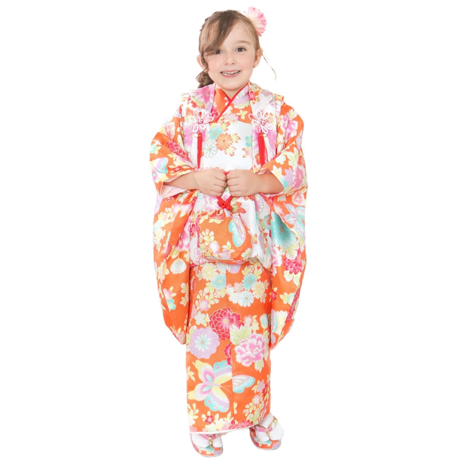 KYOETSU キョウエツ 着物セット 七五三用 3歳用 被布セット 華やかC 9点セット 柄被布 柄着物 伊達衿 長襦袢 髪飾り 巾着 草履 腰紐 足袋 ガールズ ワンサイズ 16.橙と蝶の幻想