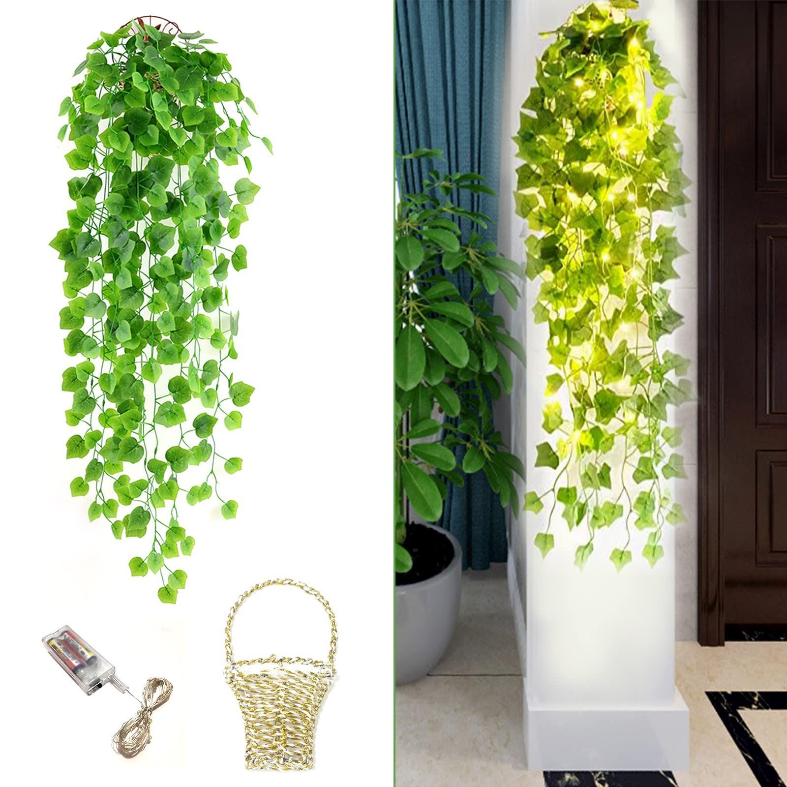 【Charming Club】フェイクグリーン 人工観葉植物 壁掛け 吊り下げ LED イルミネーションライト付き 枯れない アイビー 95cm おしゃれ 壁の装飾 インテリア 造花 ぶら下げバスケット付き ベランダ