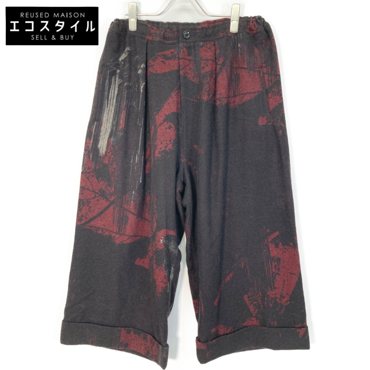 Y s ワイズ 23AW 赤×ﾌﾞﾗｯｸ YJ-P19-128 総柄ﾜｲﾄﾞﾊﾟﾝﾂ 1