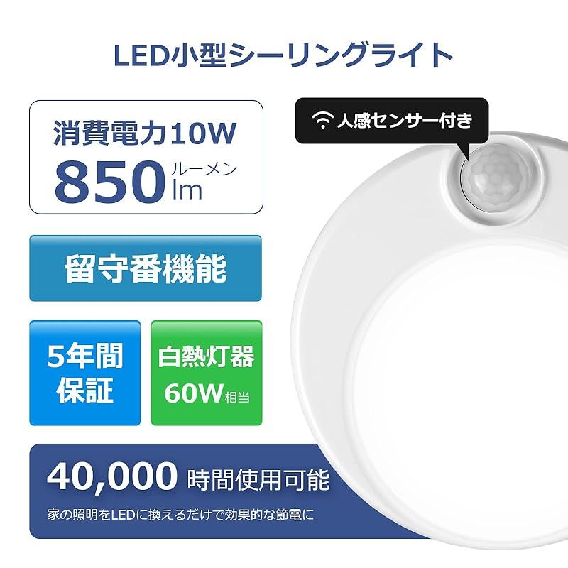 Lepro 人感センサー シーリングライト ledシーリングライト 人感 10W 小型 シーリングライト【簡単取付/センサー点灯/留守番機能/850lm高輝度/目に優しい/80Ra高演色性/40000H寿命/省エネ/PSE認証済み】 コンパクト シーリング ラ