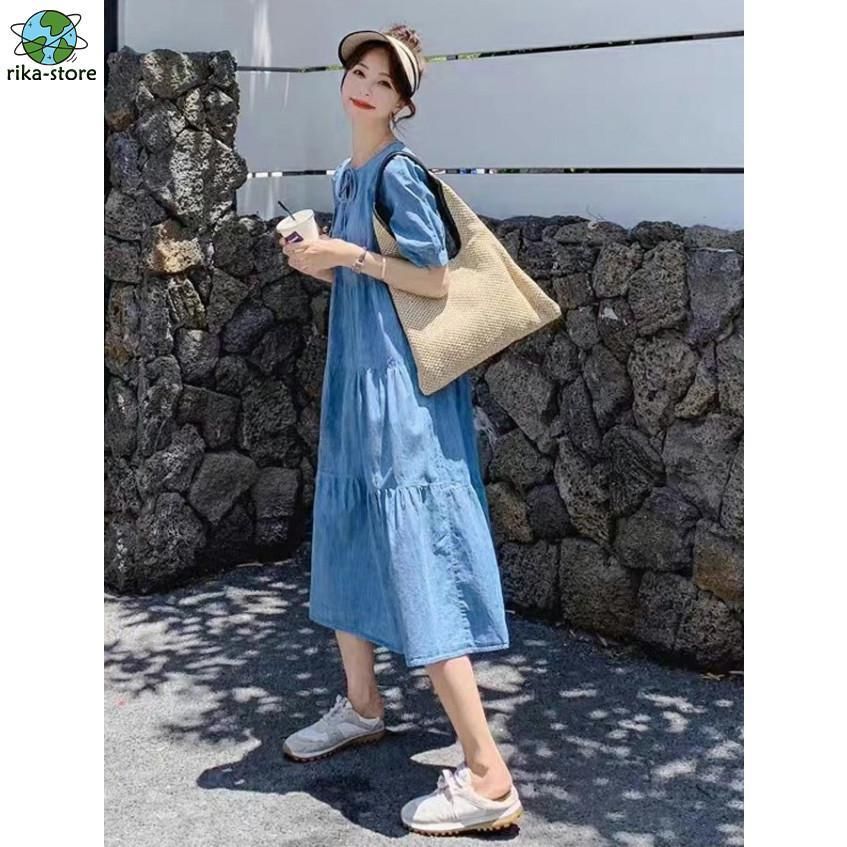 bonprixデニムワンピース パフスリーブ 大きいサイズあり デニムワンピース ロング 半袖 ティアードワンピース Aライン