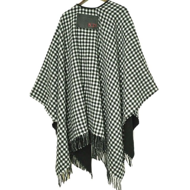 N°21 ヌメロヴェントゥーノ 22AW イタリア製 ギンガムチェック リバーシブルポンチョ AE MANTELLA 22I-6903-6983 ONE SIZE BLACK WHITE 定価82 500円 フリンジ ブランケット ケープ コート