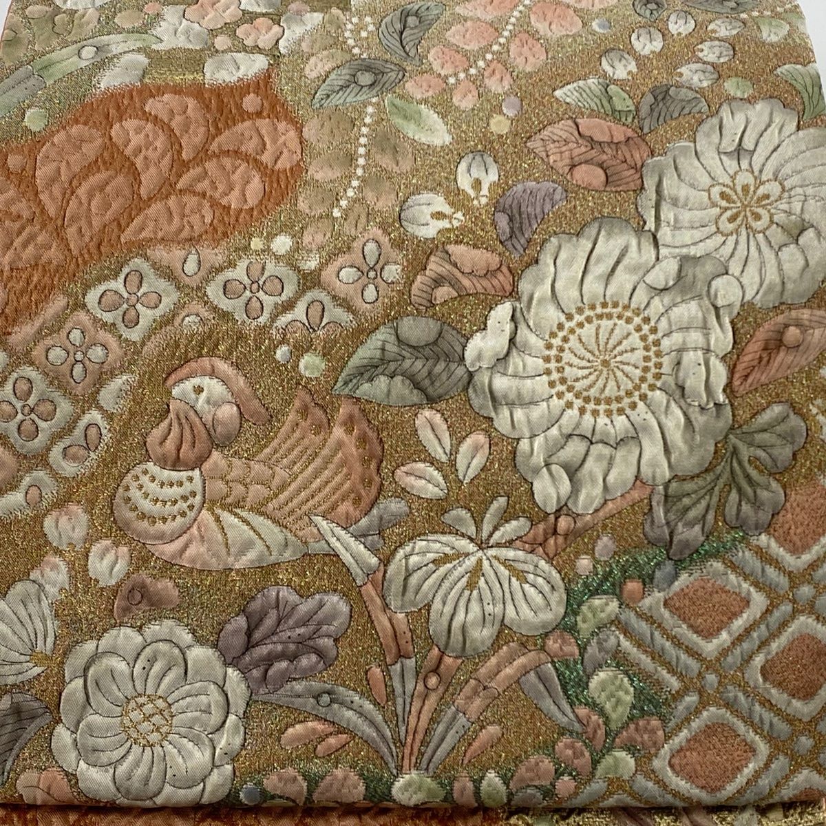 袋帯 秀品 辻が花柄 鳥 金糸 薄オレンジ お太鼓柄 正絹