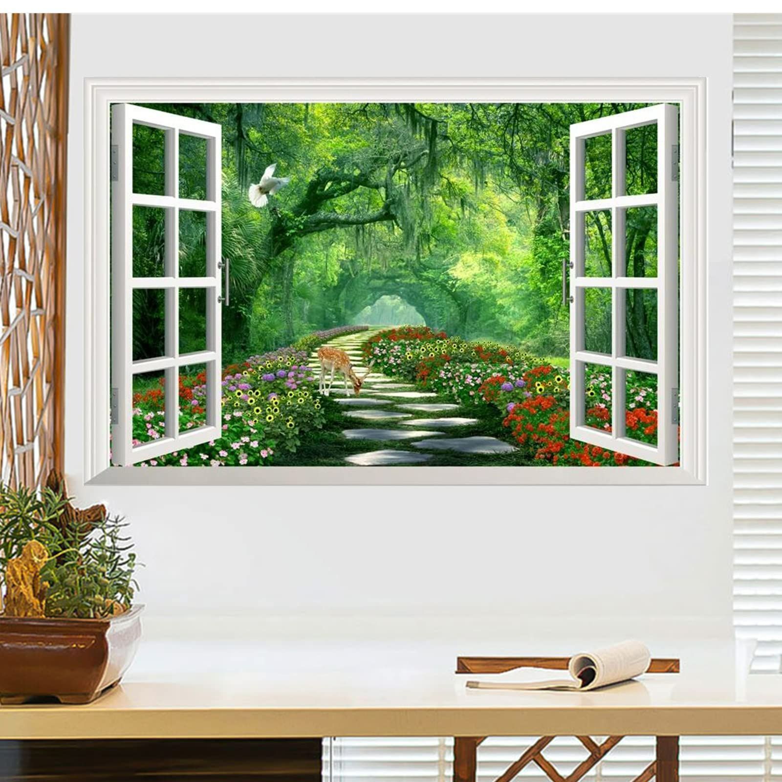 特価商品】窓の景色 窓枠 森林浴 森林と小道 インテリア 壁飾り絵 壁紙