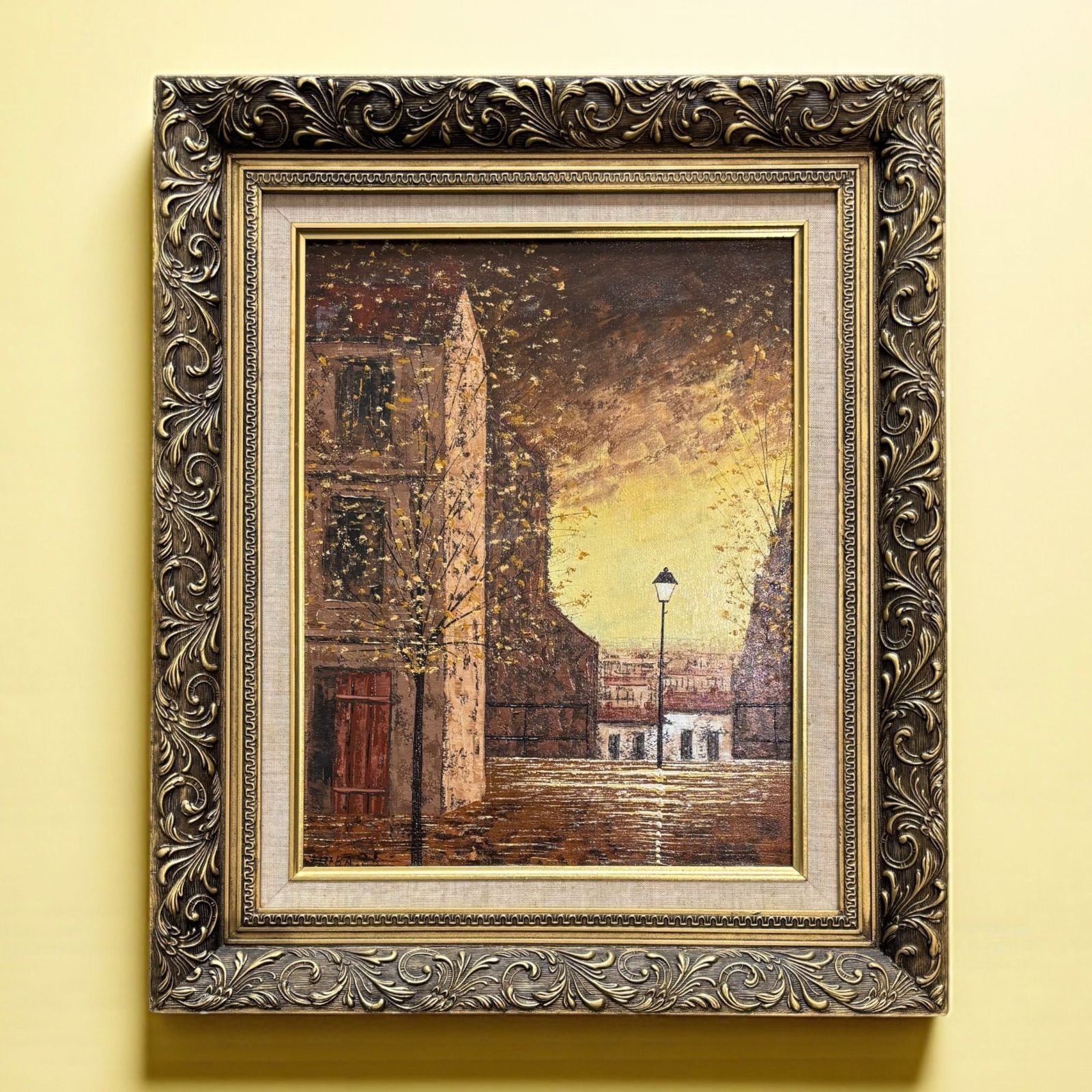 油絵 ヨーロッパの街並み 街灯 金額 風景 油彩 額装 額 壁掛 絵画 色絵 雑貨 インテリア アンティーク コレクション