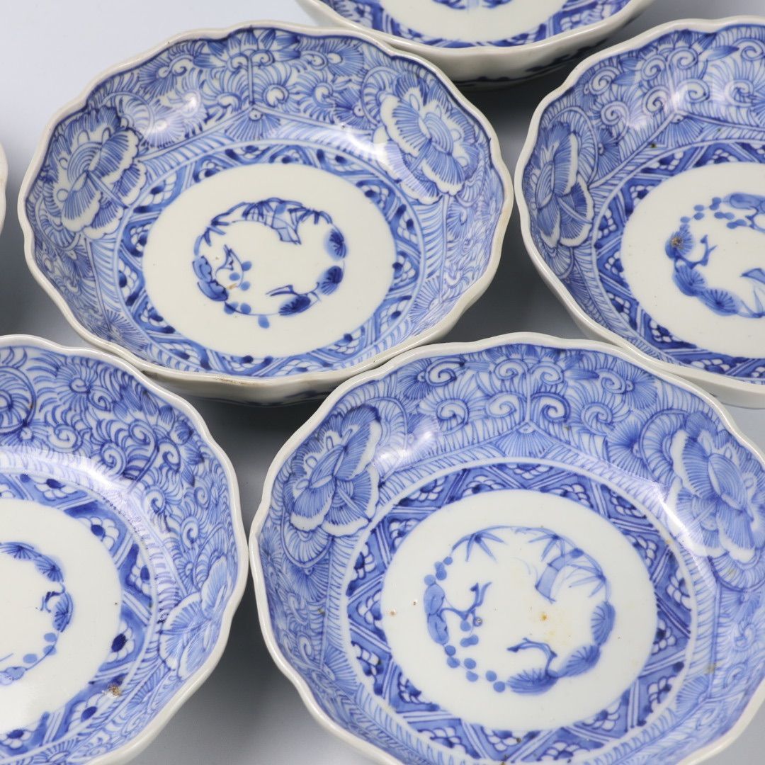 316 染付 線描 古伊万里 伊万里焼 骨董 アンティーク 膾皿 6枚セット