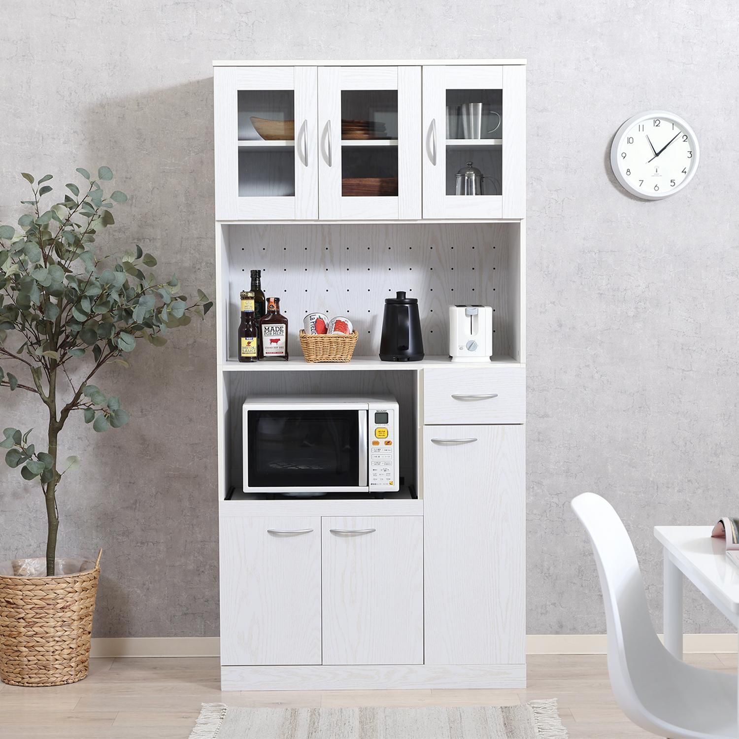 ♪白い ハイ キッチンボード ［幅88.5✕奥行39.8✕高さ180cm］ 食器棚