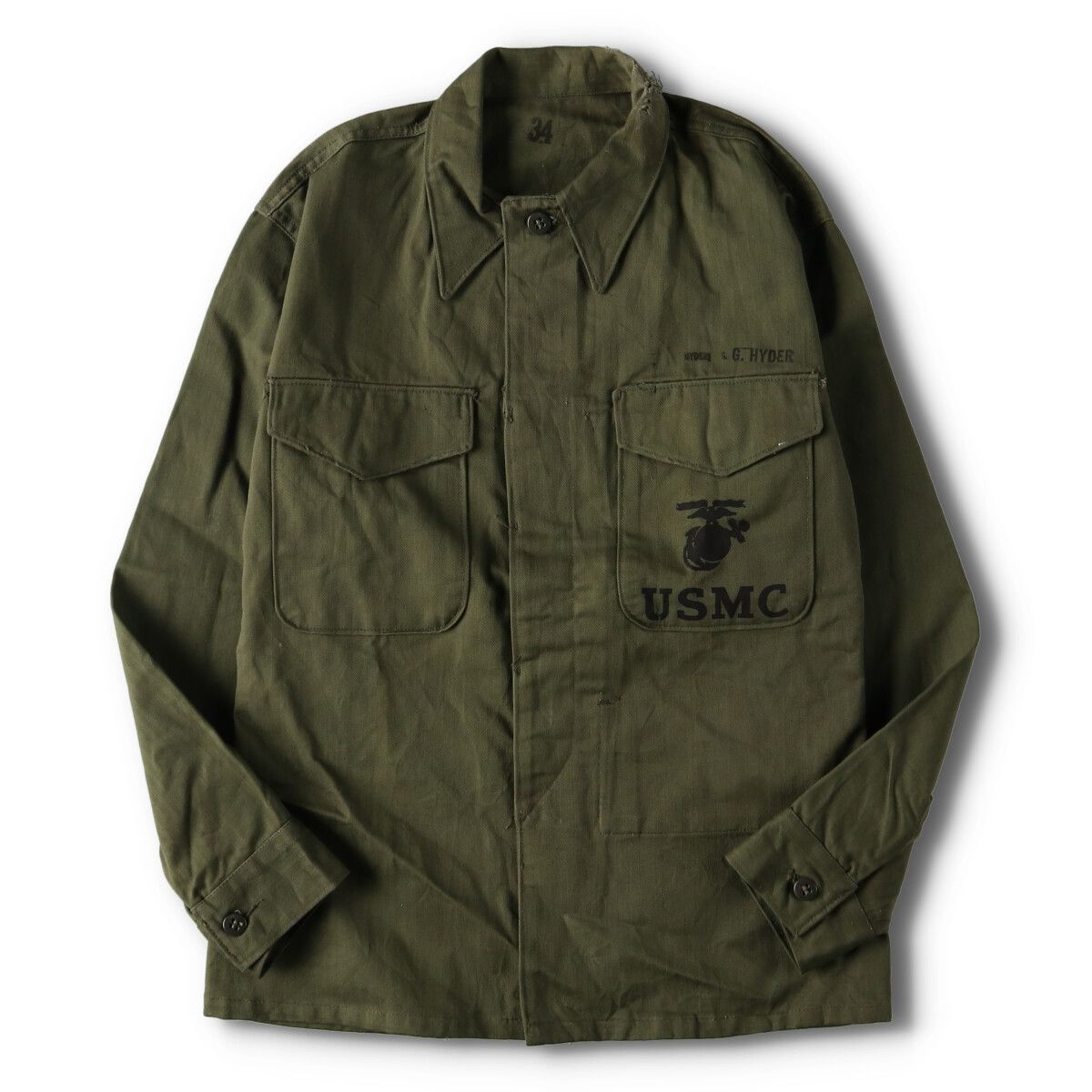 古着 50年代 米軍実品 USMC P-53 HBT ヘリンボーンツイルミリタリー ユーティリティジャケット USA製 34 メンズM  ヴィンテージ/eva000709