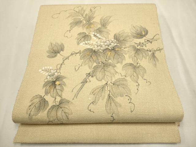 平和屋着物●内山晴祥 手描き 八寸名古屋帯 紬地 蔦の葉花文 金彩 正絹 CAAT0938hy