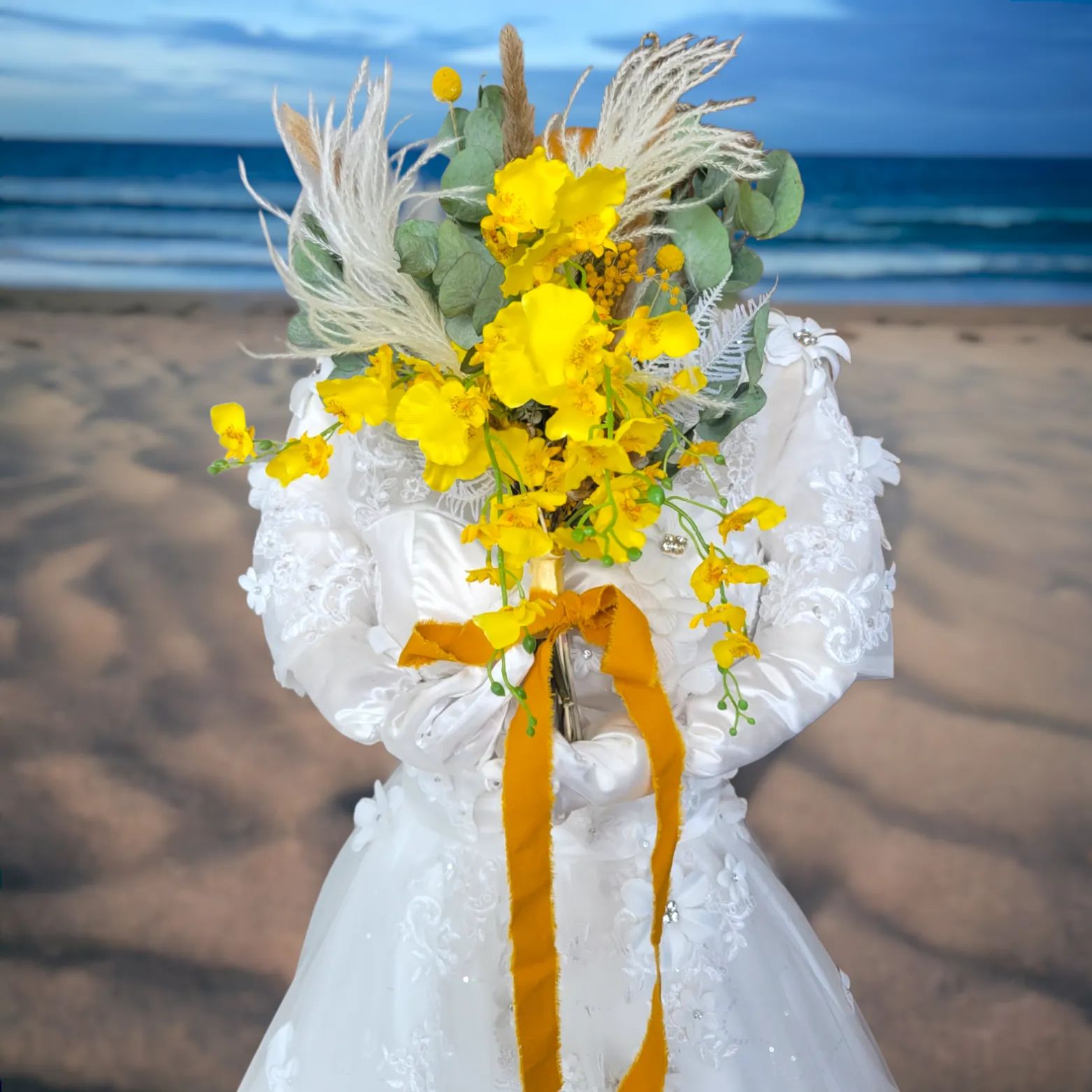 ウェディング 倖せ 髪飾り】グリーンイエローミモザユーカリ ドライ  