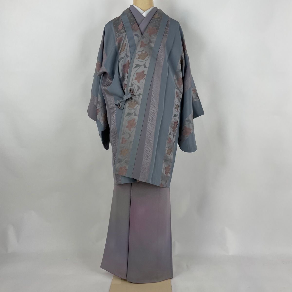 道中着 身丈97cm 裄丈65cm M 和装コート 縦縞 薄紫 正絹 美品 逸品  