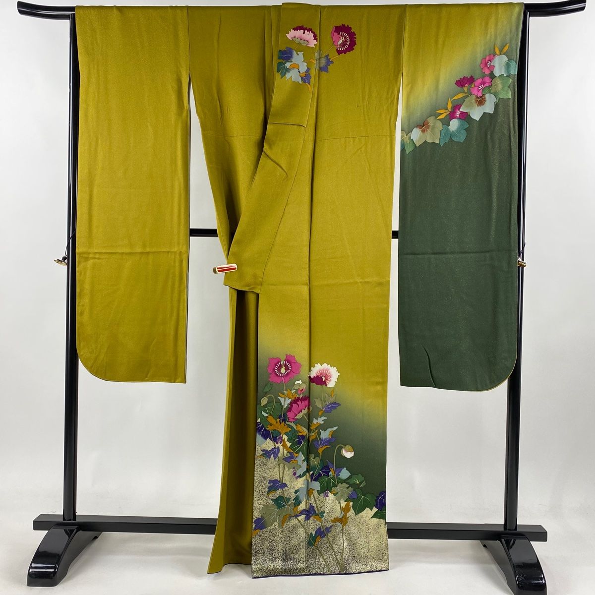 振袖 身丈164.5cm 裄丈68.5cm L 袷 桜 霞 刺繍 金彩 焦茶色 正絹