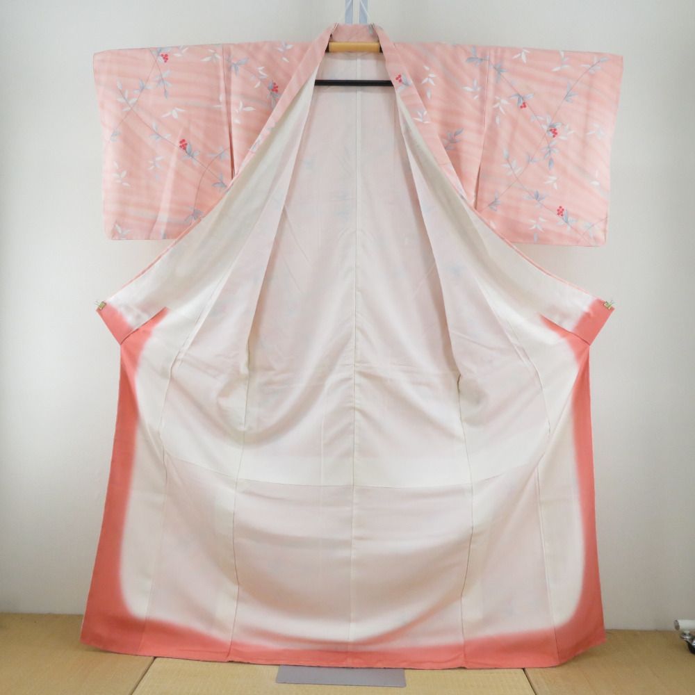 訪問着 付下げ訪問着 くすみピンク色x多色 籠目に花々紋様 袷 広衿