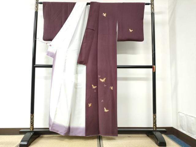 平和屋着物○上質な小紋 総刺繍 虫 蝶 金糸 鬼しぼ縮緬 正絹