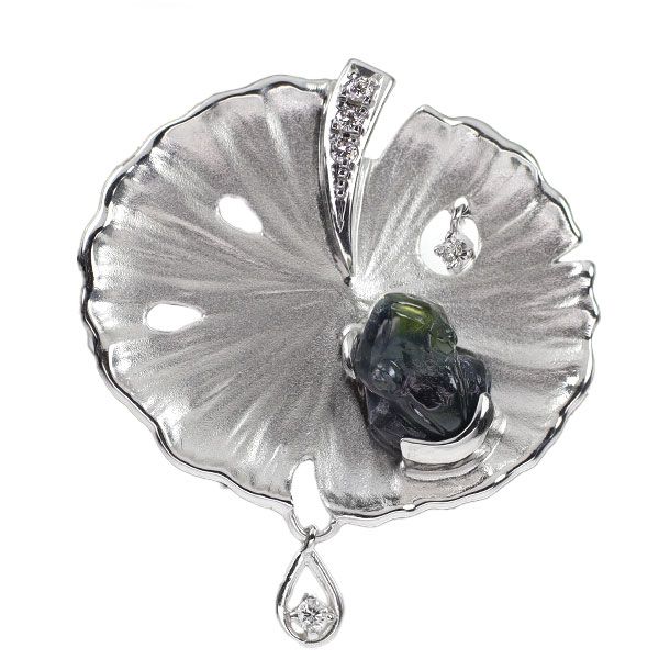 K18/WG ピンクサファイア＆ダイヤ 蛙モチーフ ブローチ スワロフスキー