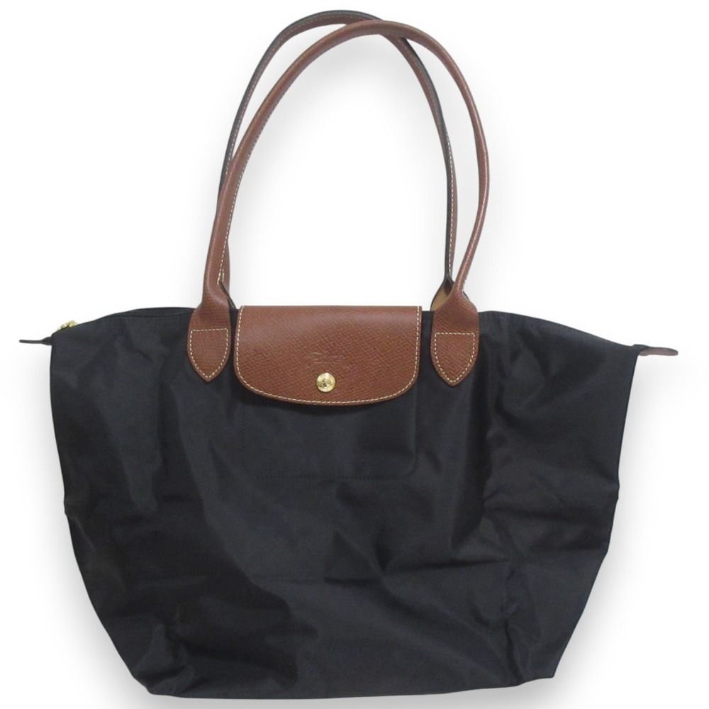 LONGCHAMP ロンシャン ルプリアージュ 折り畳み ナイロントートバッグ ショルダーバッグ ブラック×ブラウン×ゴールド金具 レディース 古着