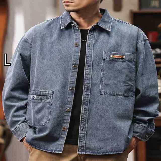 L メンズ ファッション 服 男性用 オシャレ シンプル 大人 かっこいい ストリート アメリカン レトロ デニム シャツ 春 秋 スタイル シャツ ジャケット ウォッシュ デニム ジャケット