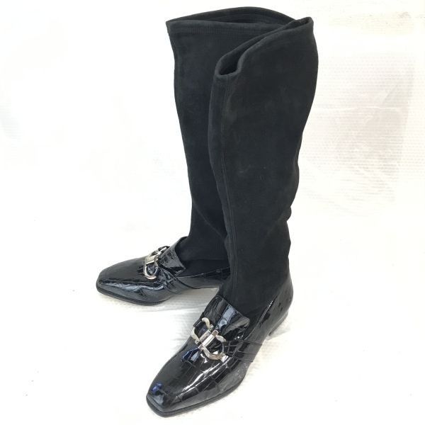 Ferragamo|フェラガモ 注目デザイン ビットモカシン型 ロングブーツ 4.5|22.0|黒|BLACK ローファー|rare|boots|Shoes◆bWB102-5<sale>