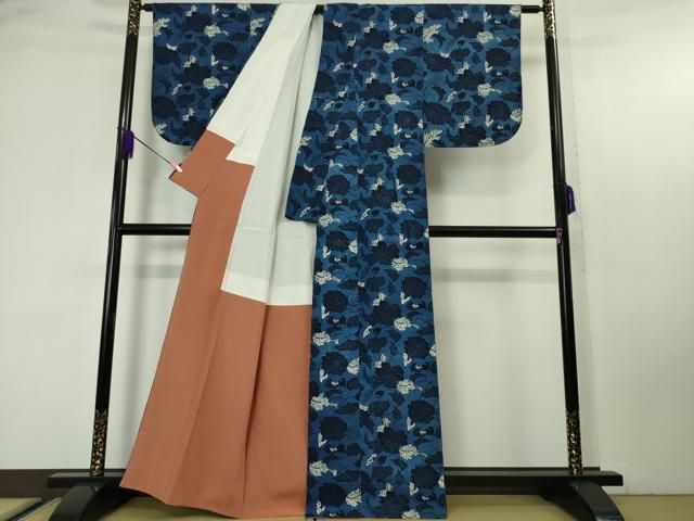 平和屋本店□極上 浦野理一 型染 経節紬 花唐草文 逸品 DZAA4689kh5