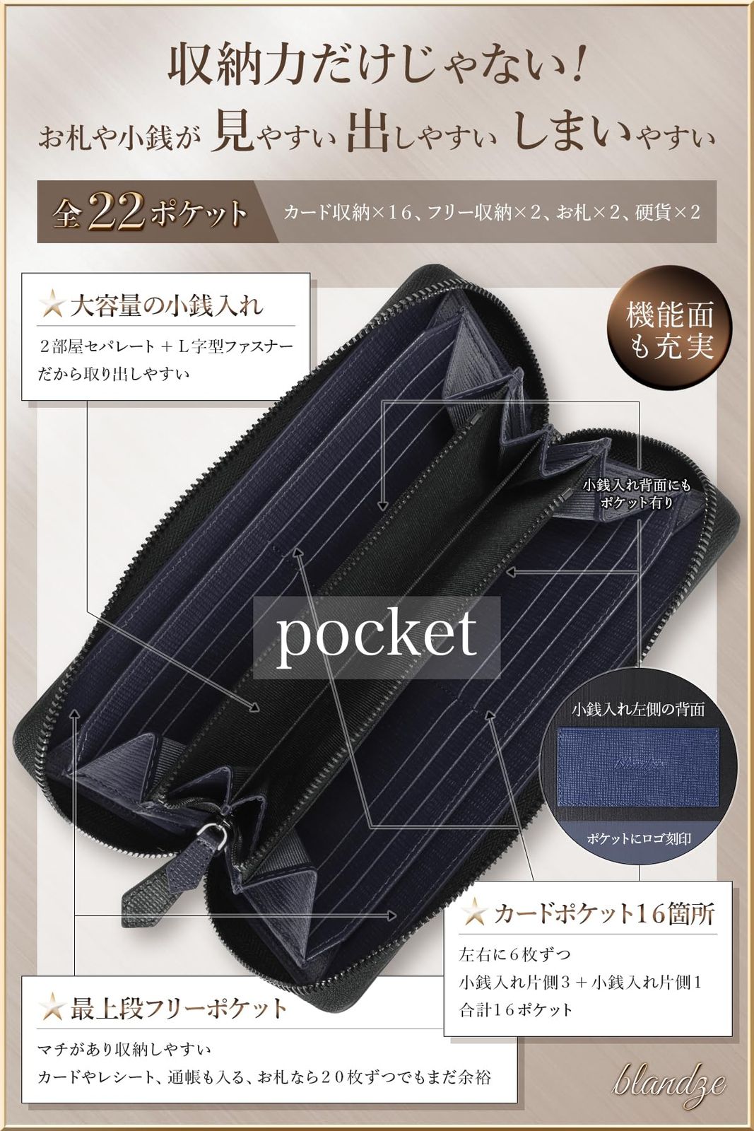 ブランゼ 財布 メンズ 長財布 国産本革 ジャパンレザー 型押し エンボス YKK製 ラウンドファスナー セパレート型 小銭入 ミッドナイトブルー