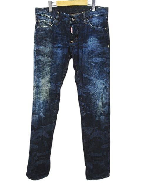 ディースクエアード DSQUARED2 S74LA0613 S30291 カモフラ 迷彩柄 ロング丈 デニムパンツ ジーンズ 48 青系 インディゴブルー ボタンフライ 加工 イタリア製
