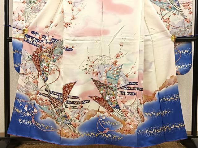 平和屋着物□豪華振袖 駒刺繍 扇面御所車花文 暈し染め 金銀彩