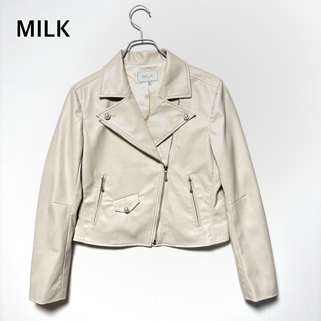 MILK ミルク ダブルライダースジャケット フェイクレザージャケット パール付 ジップアップ オフホワイト サイズ表記なし フリーサイズ