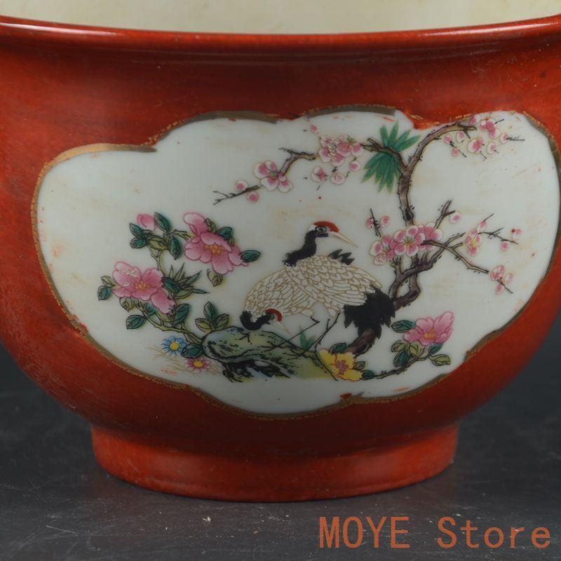 沙紅開窓ツル花鳥図菖蒲の鉢 陶磁器 装飾品 現代工芸品 美術品 置物 沙紅開窓ツル花鳥図菖蒲の鉢 陶磁器 装飾品 現代工芸品